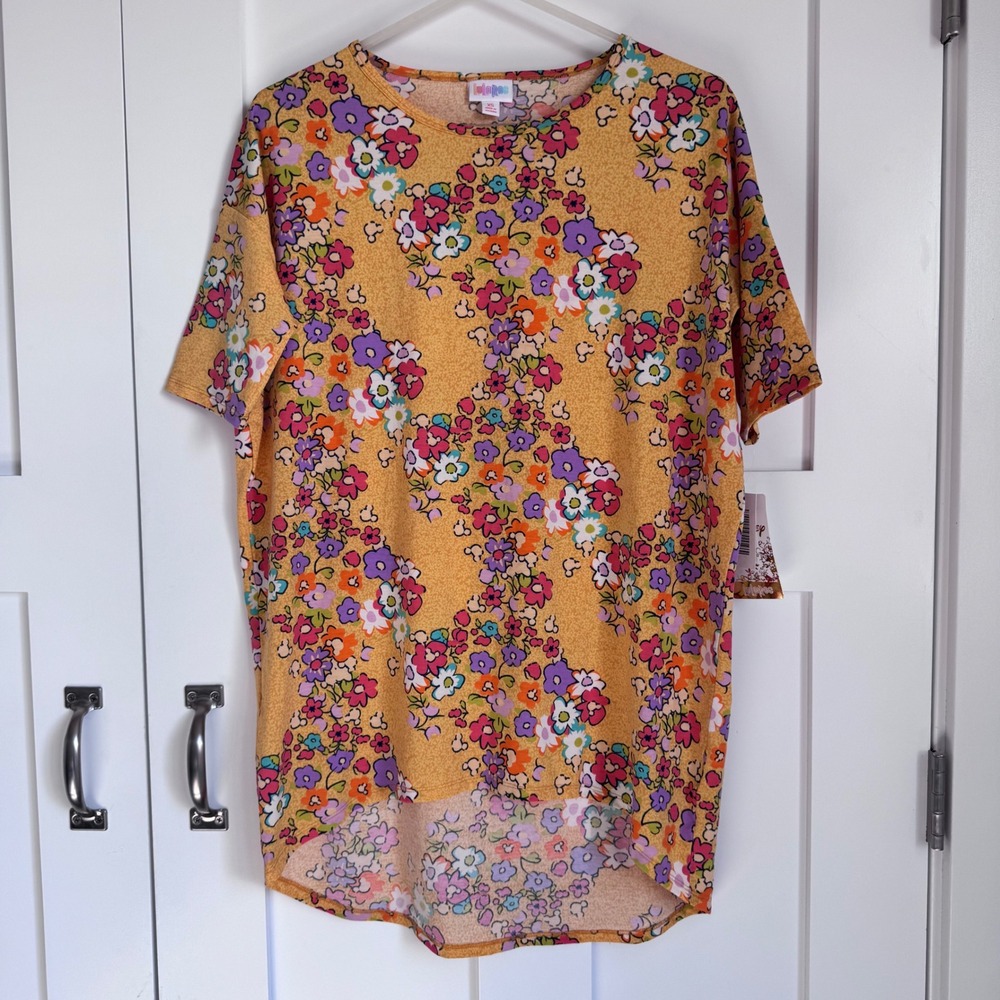 NWT LuLaRoe Irma Disney Yellow Floral Top Women's‎ Size XS Hidden Mickey Hi Low